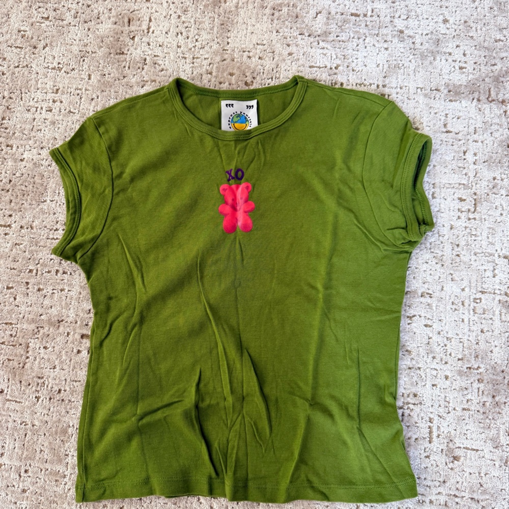 UNIF Olive Tee with Pink Bear Accent